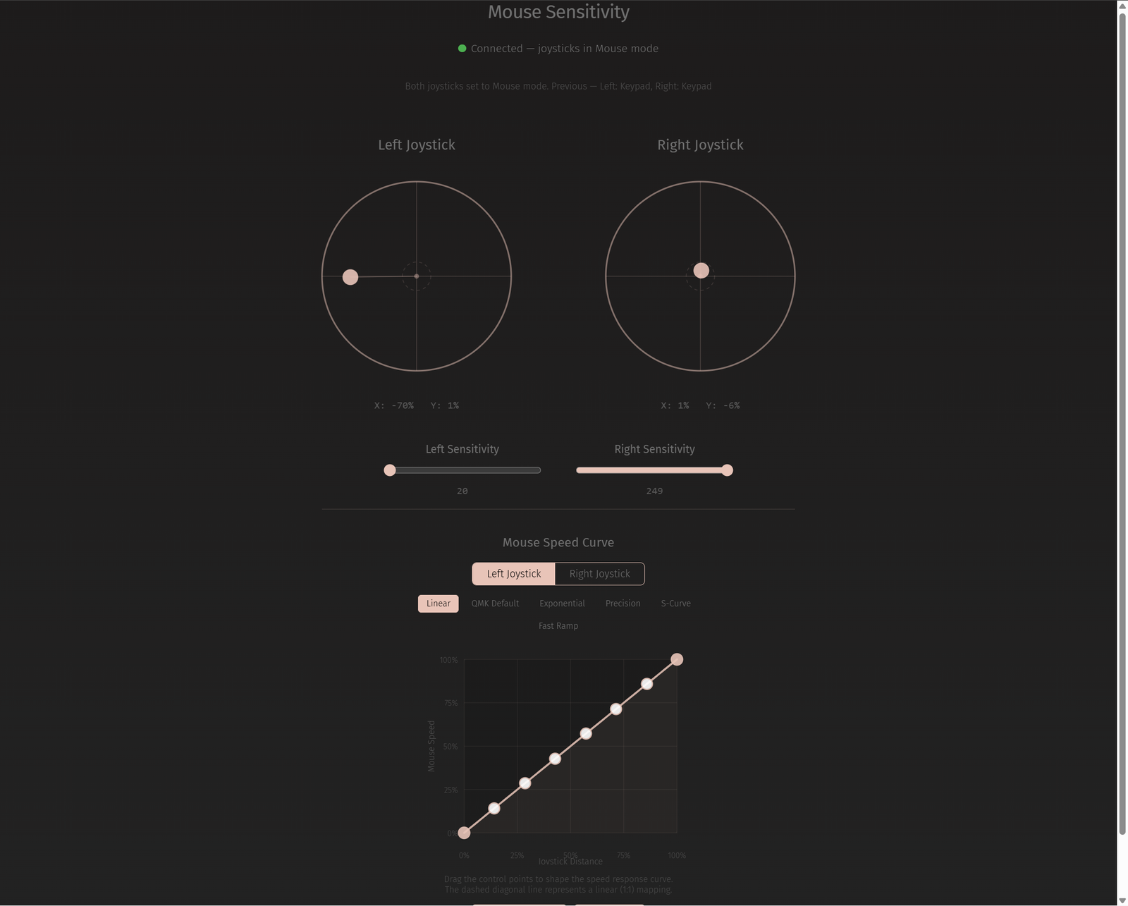 VIA OS Keyboard Configurator — mouse sensitivity and joystick tuning interface